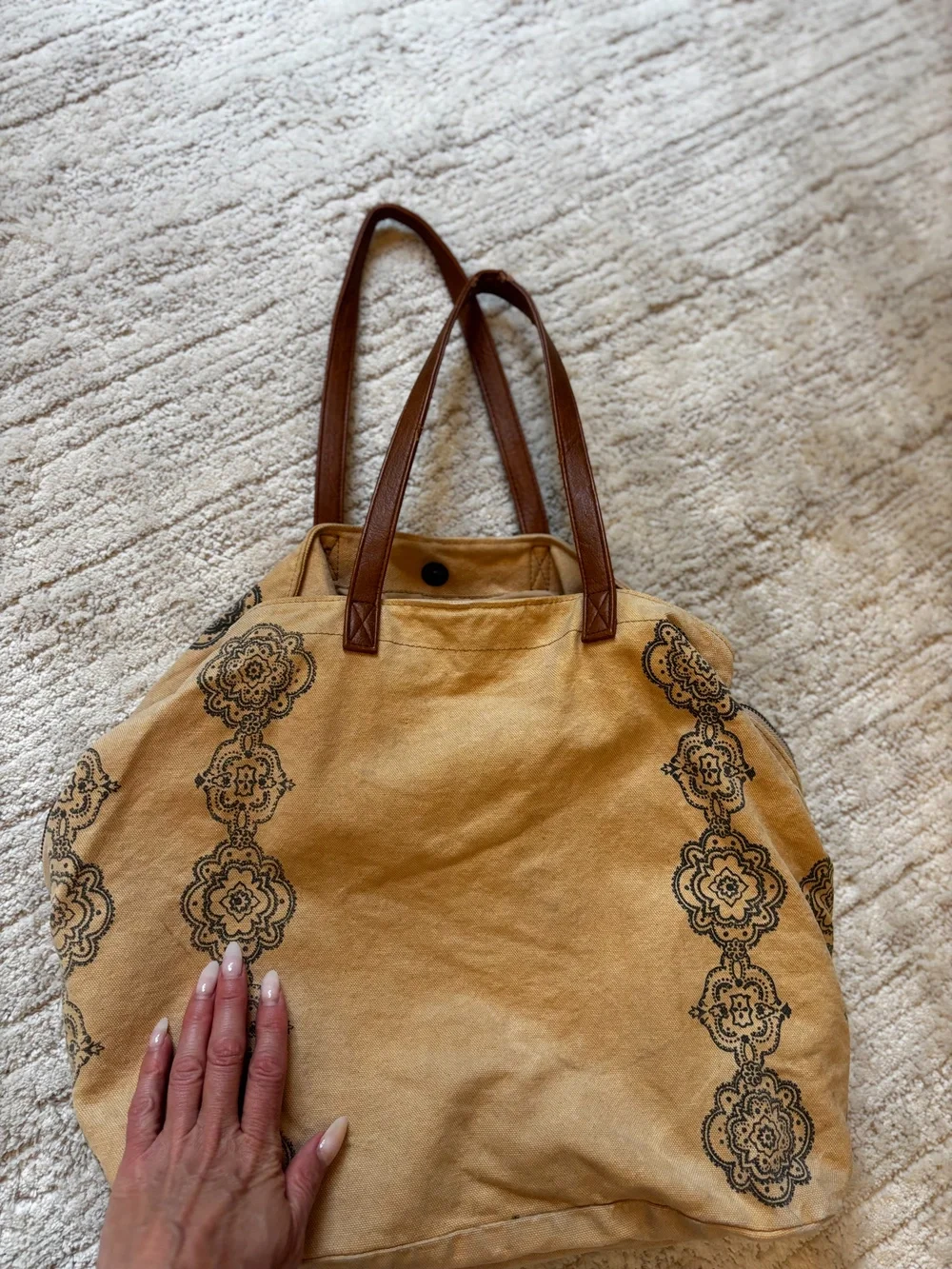Free People Floral Tote Bag Tan Canvas Leather Handles